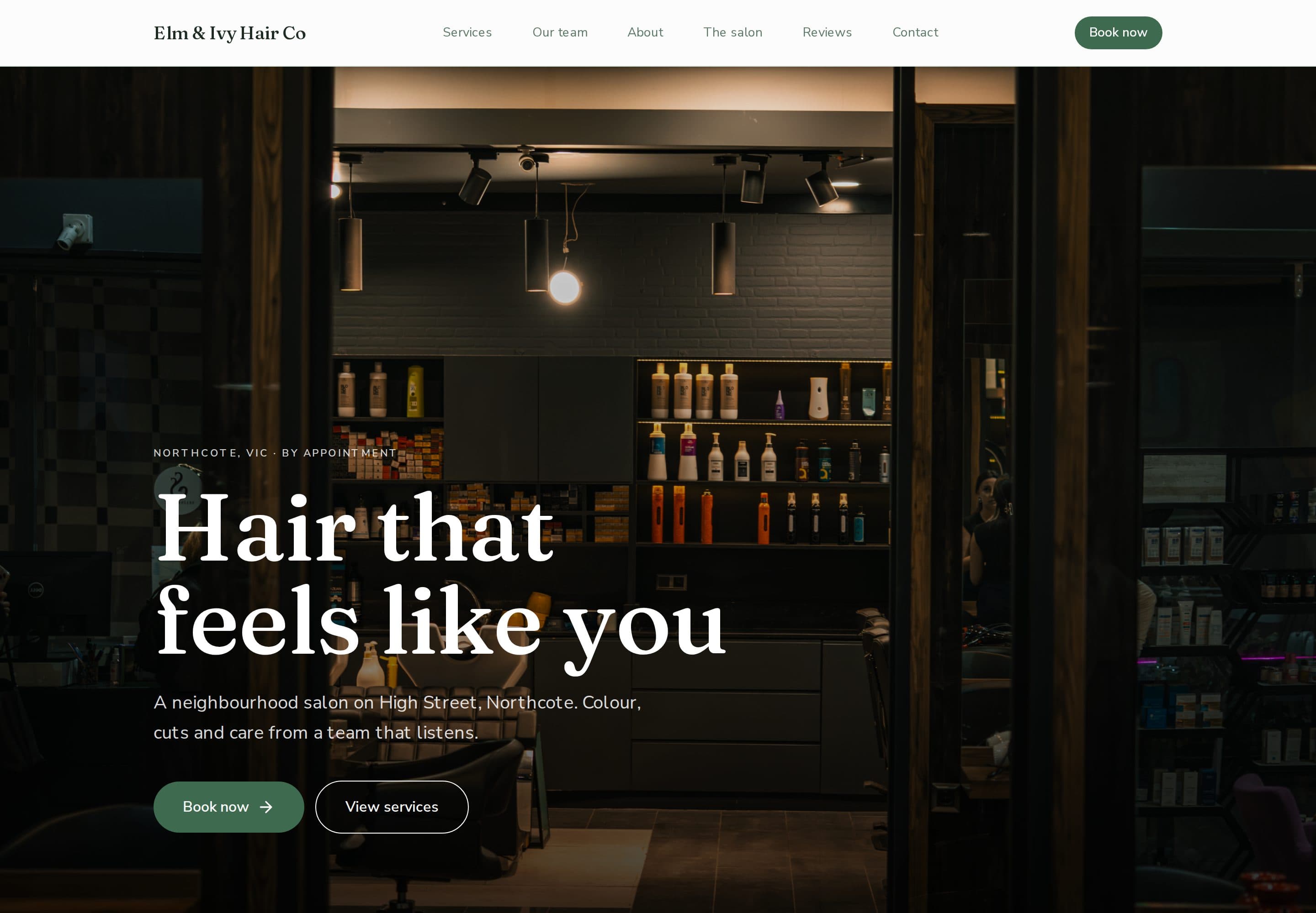 Elm & Ivy Hair Co, a real hair salon website built with BeNotely