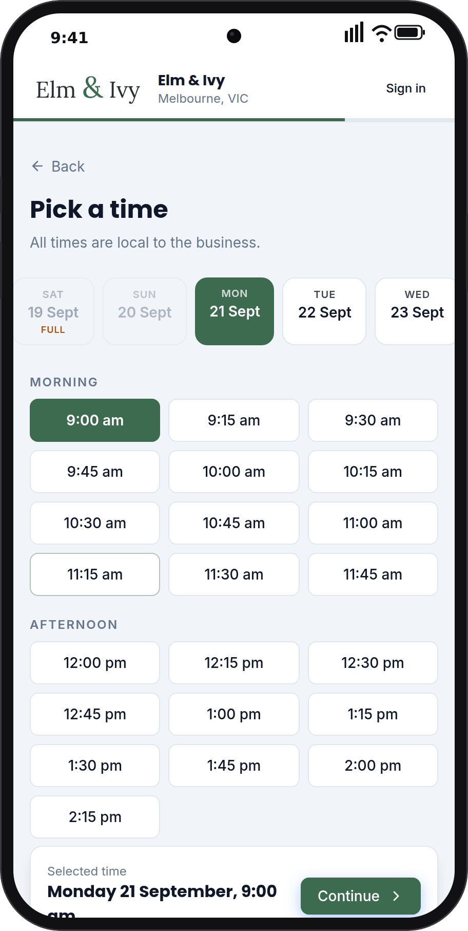 Picking a time on the booking page