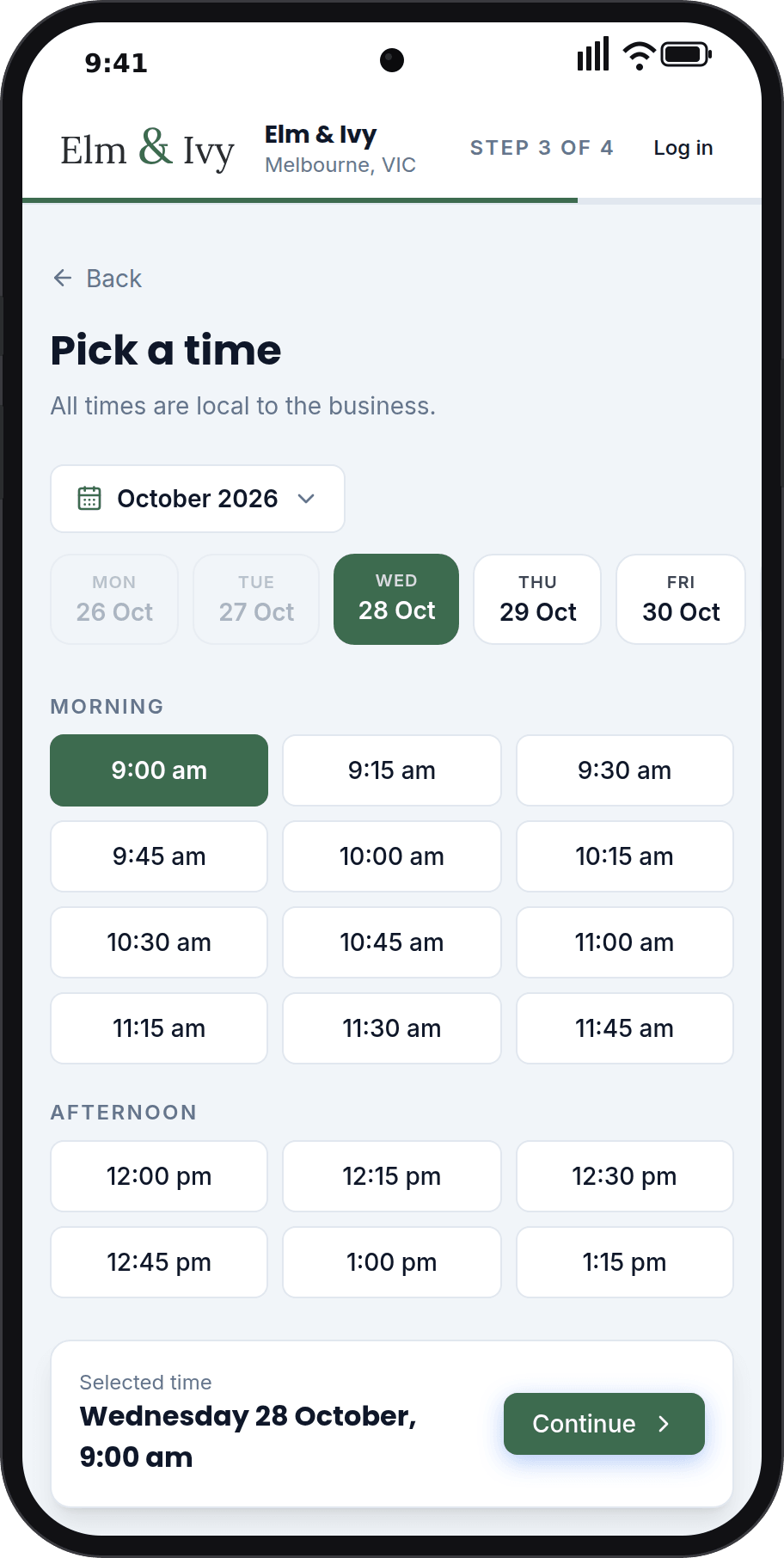 Picking a time on the booking page