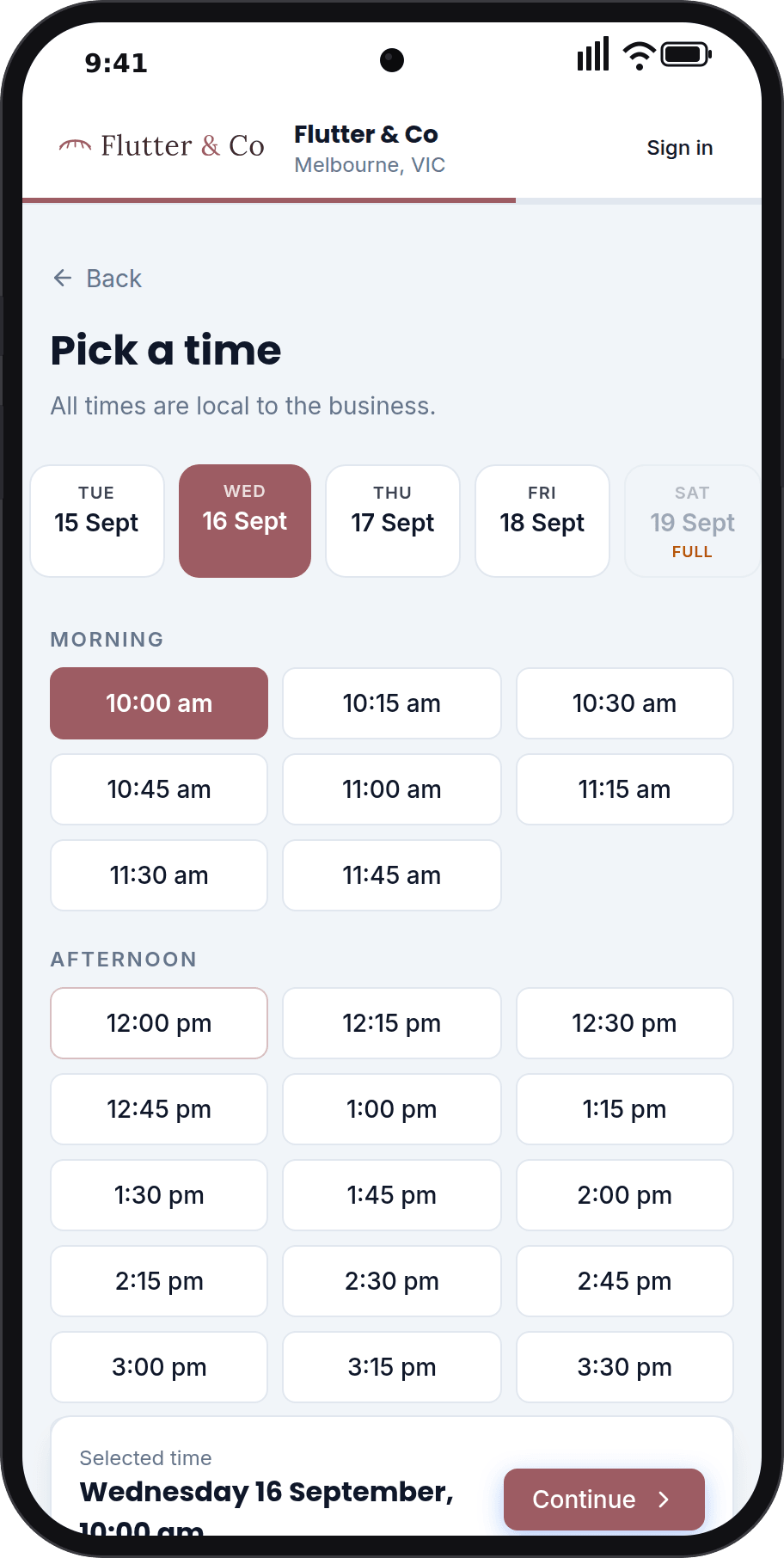 Picking a time on the booking page