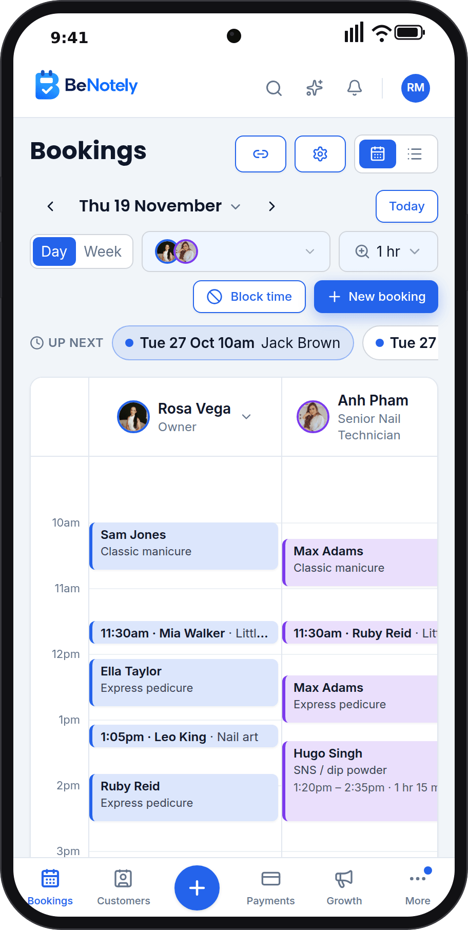 The BeNotely calendar day view on a phone