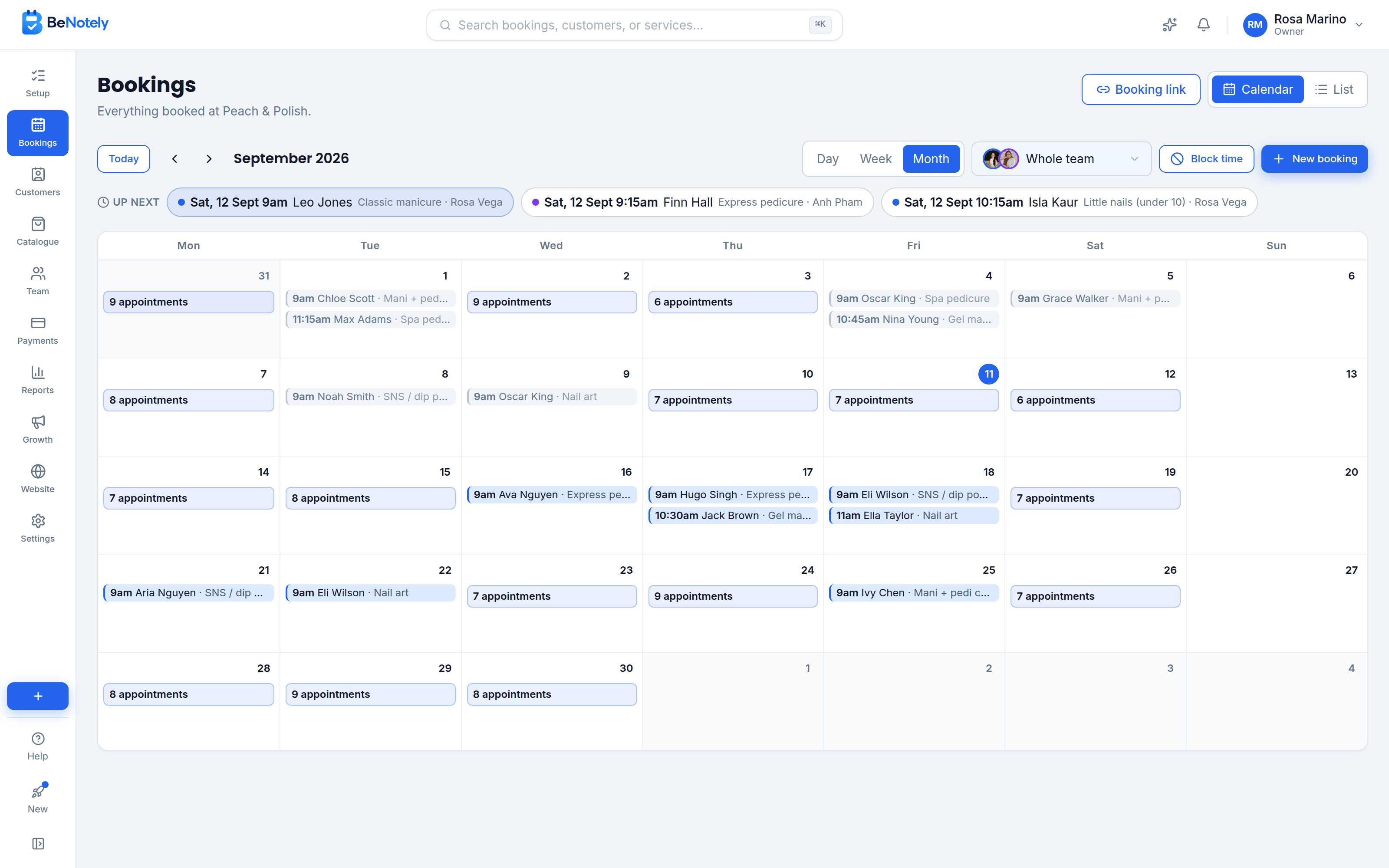 The BeNotely calendar showing a month full of bookings