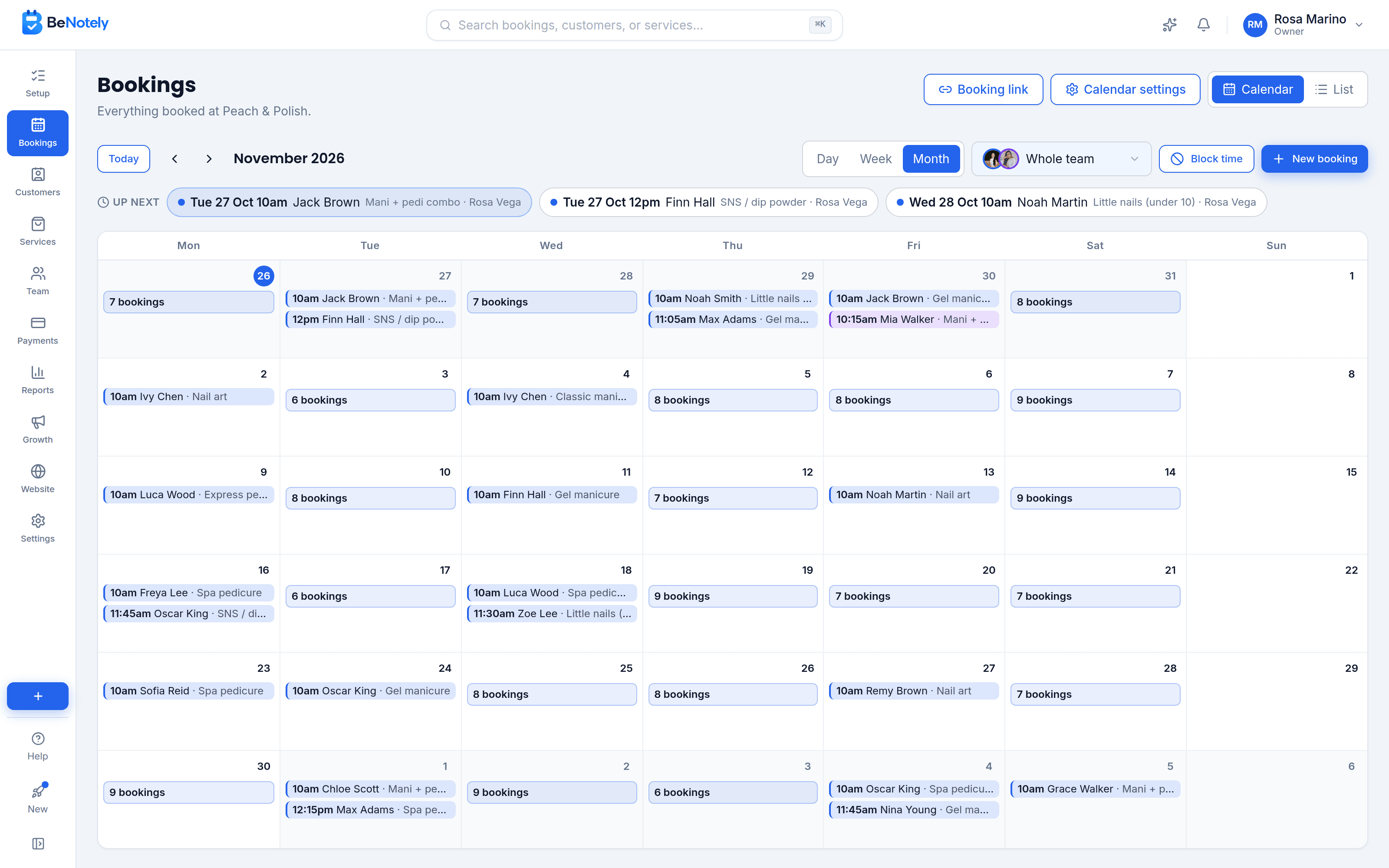 The BeNotely calendar showing a month full of bookings