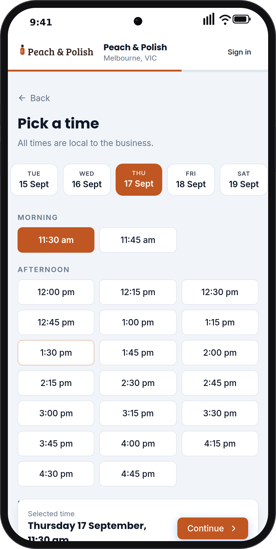 Picking a time on the booking page