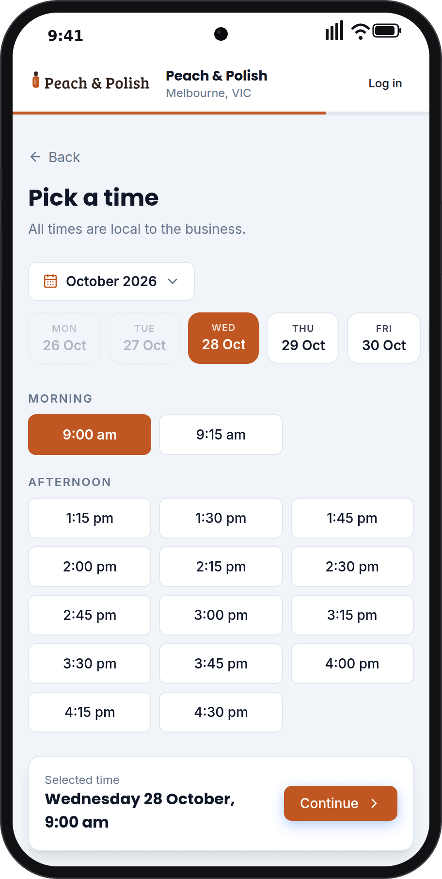 Picking a time on the booking page