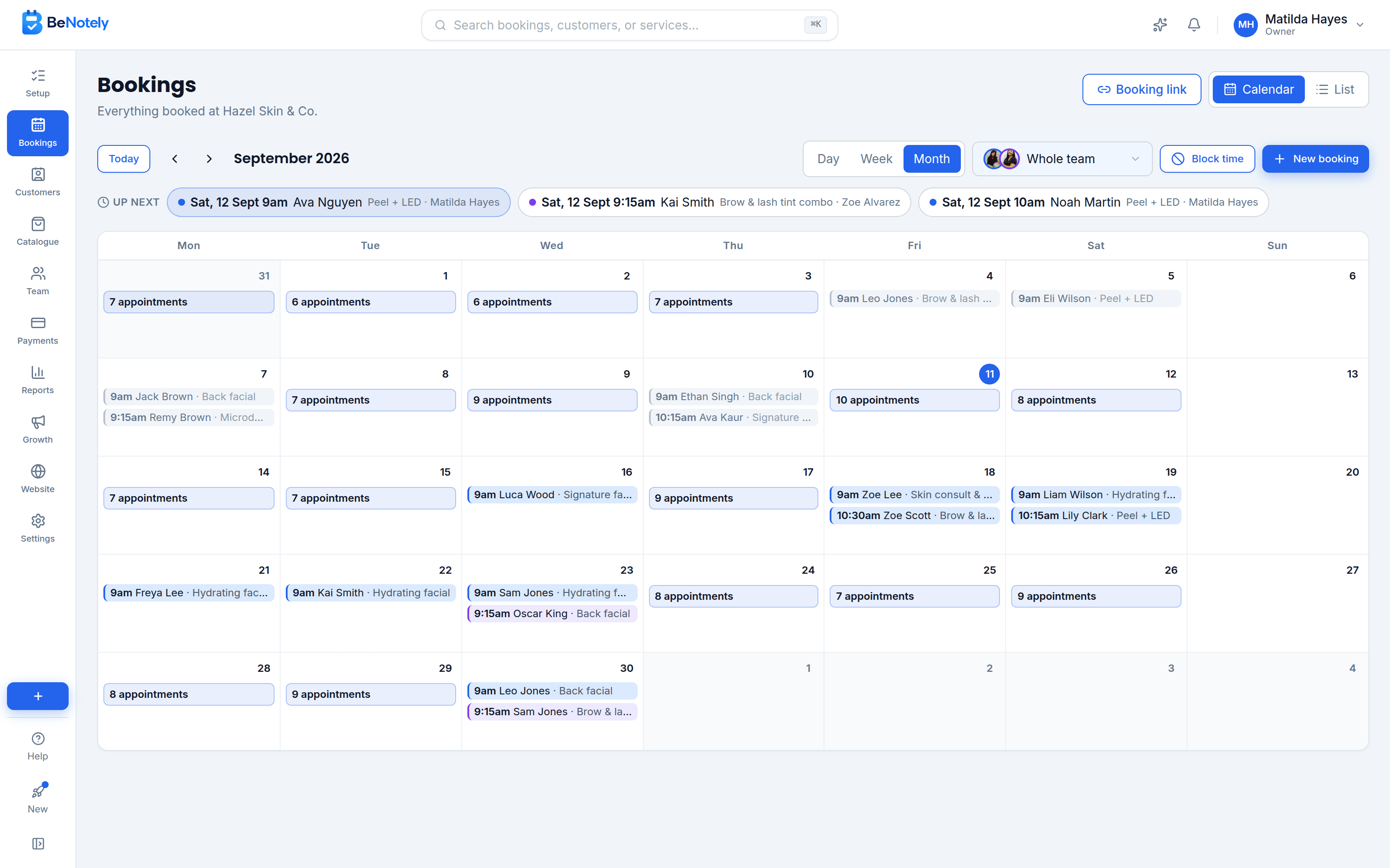 The BeNotely calendar showing a month full of bookings
