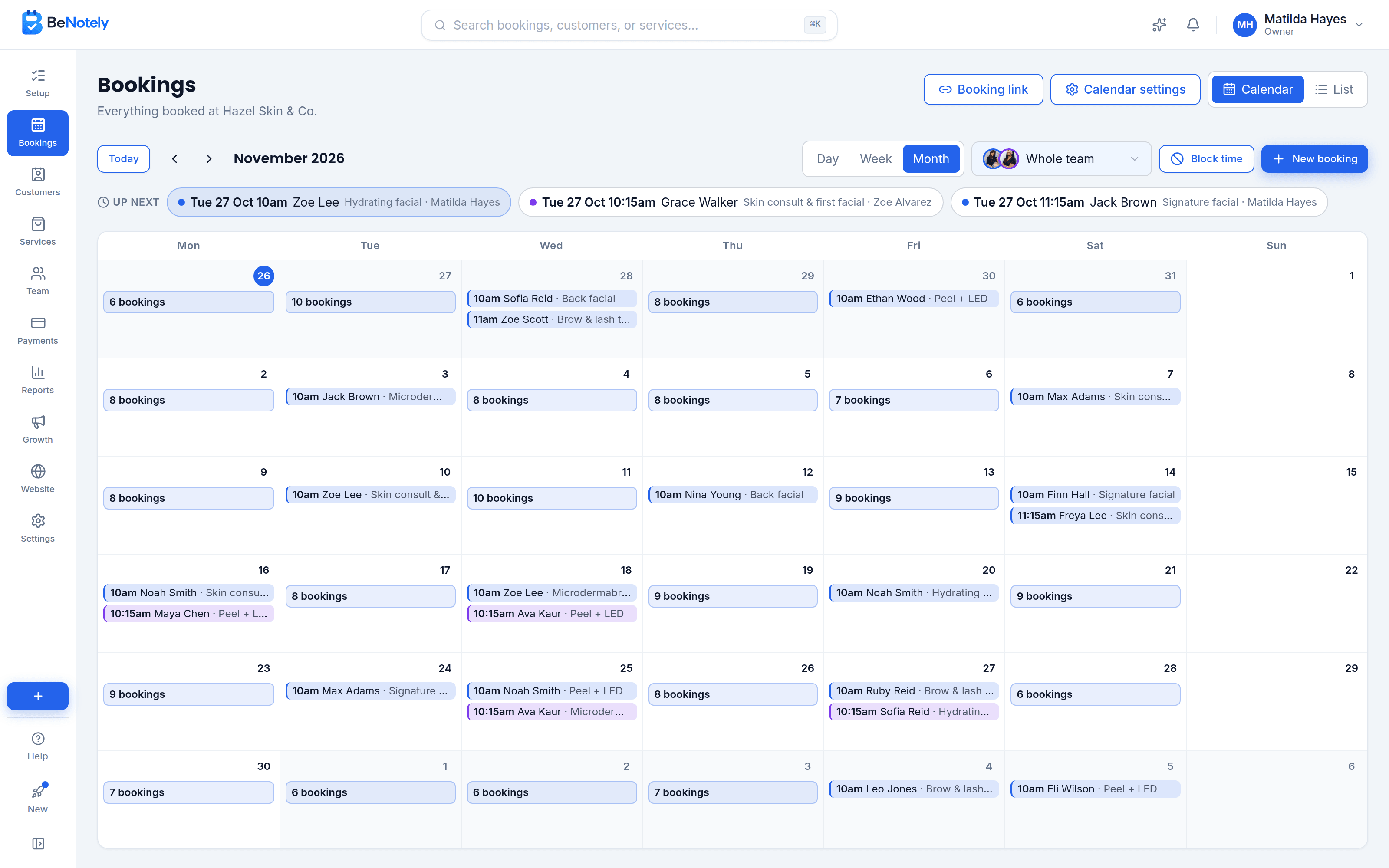 The BeNotely calendar showing a month full of bookings