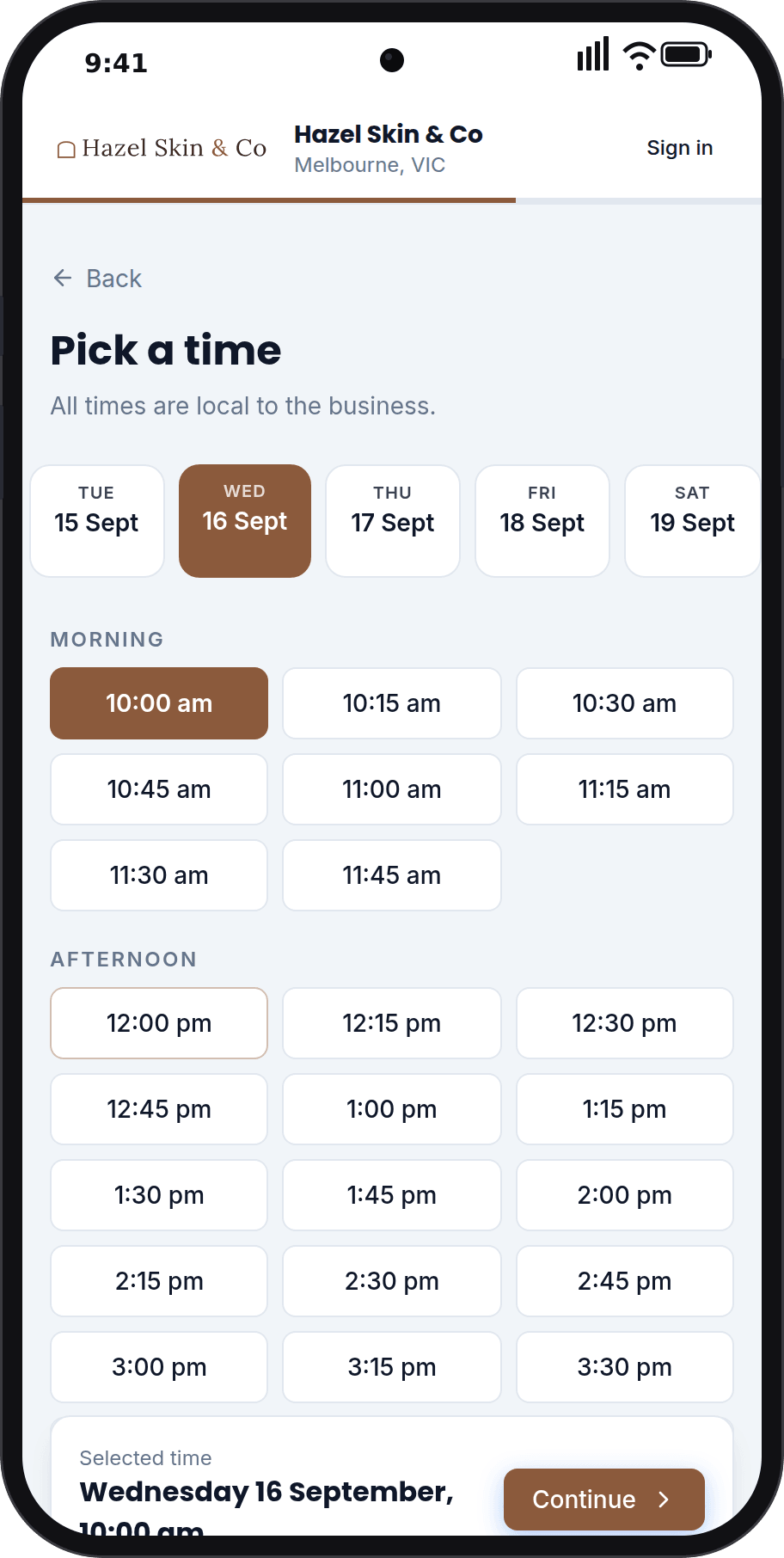 Picking a time on the booking page