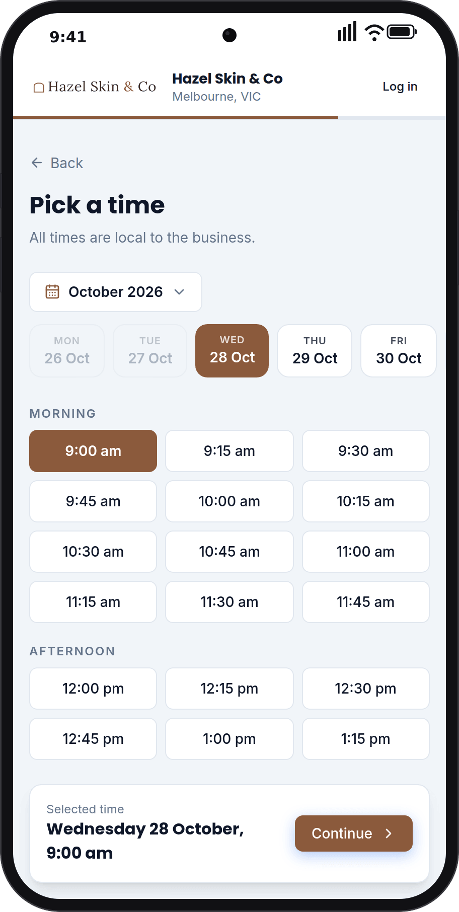 Picking a time on the booking page