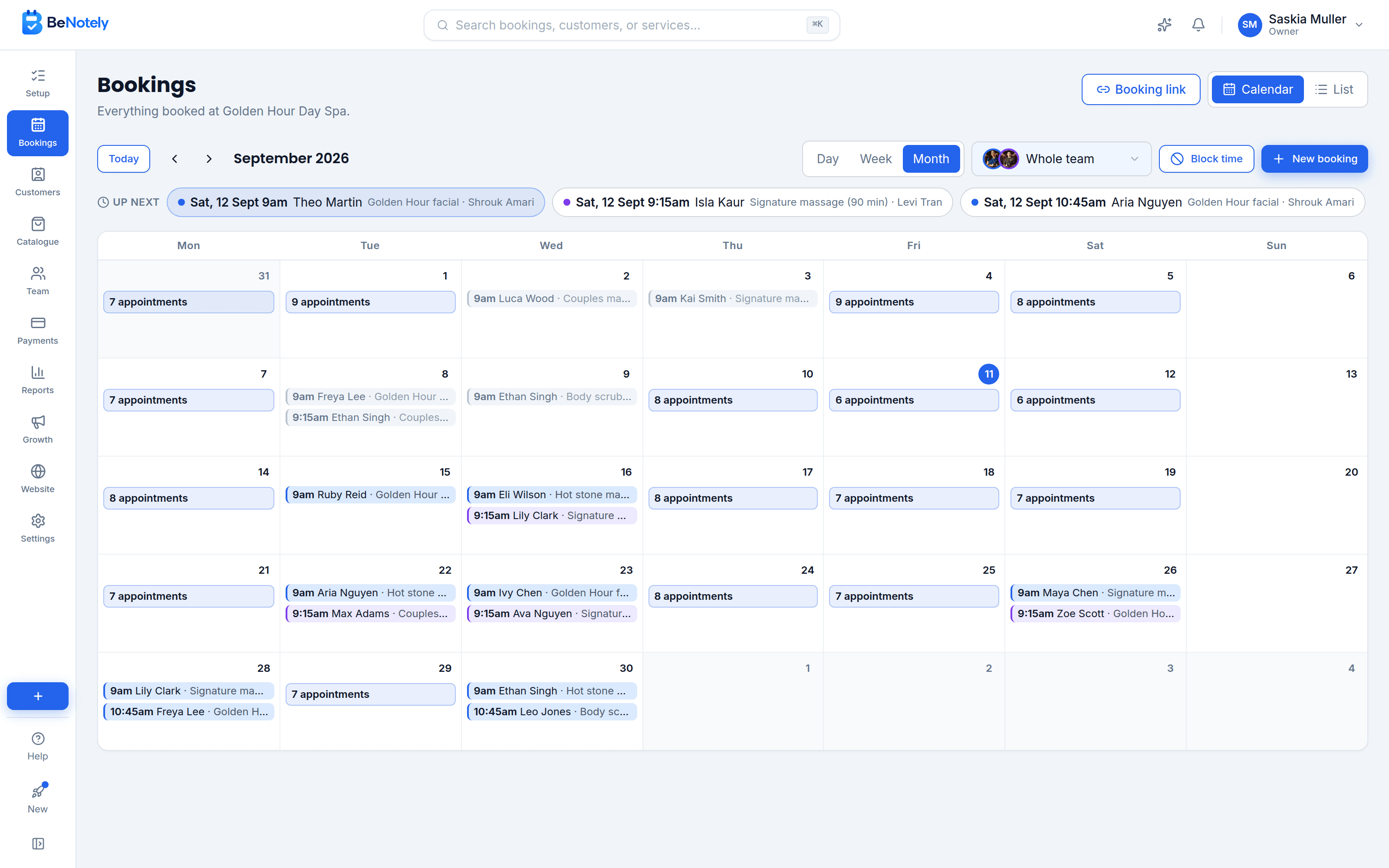 The BeNotely calendar showing a month full of bookings