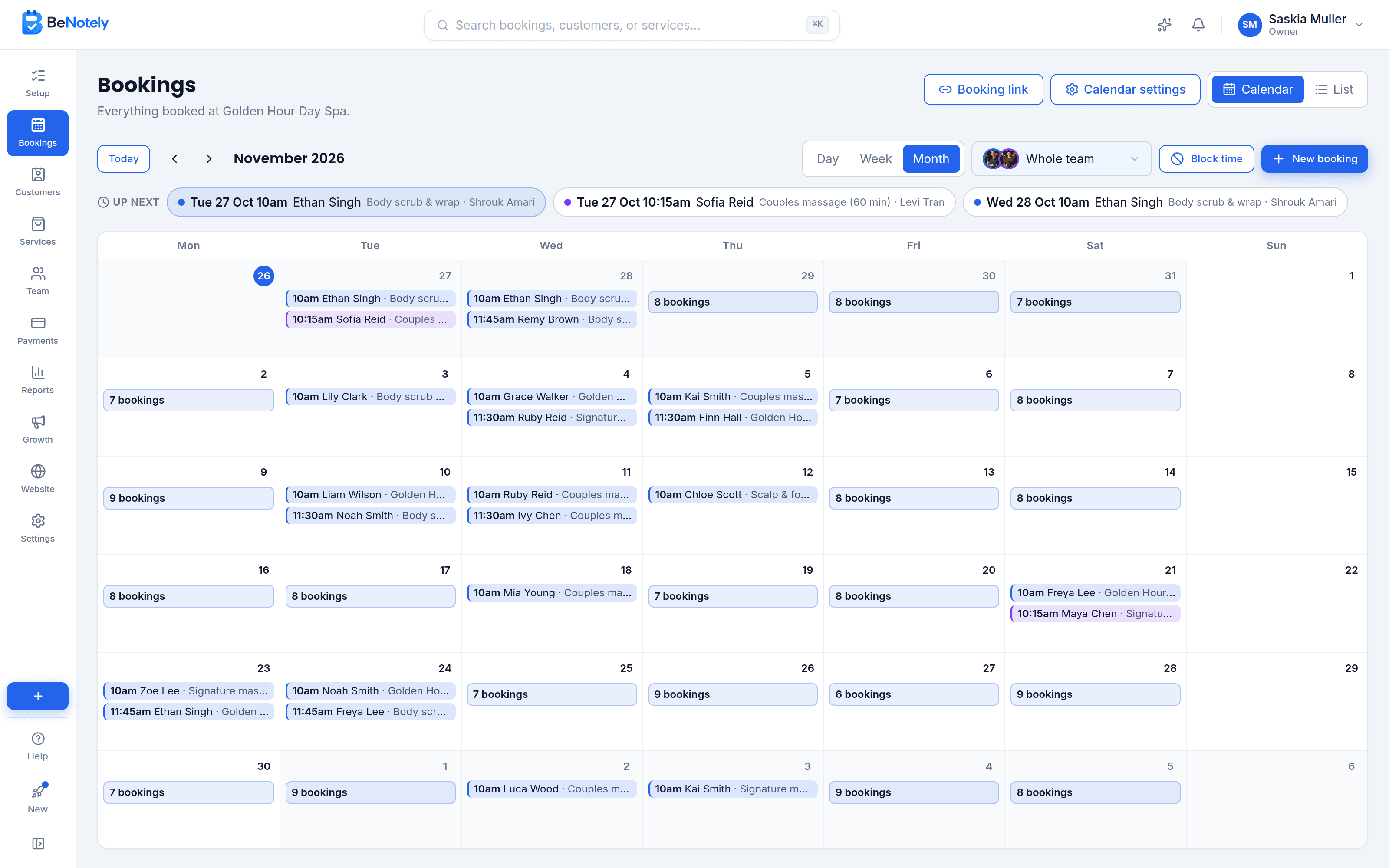 The BeNotely calendar showing a month full of bookings