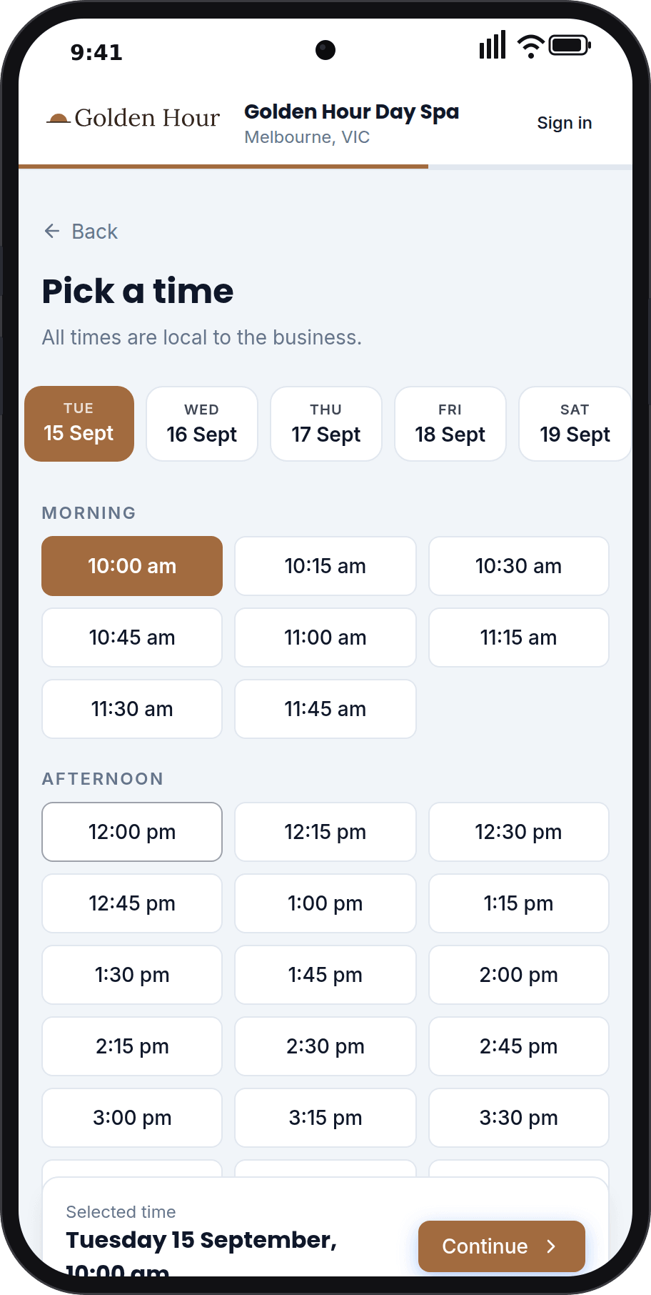 Picking a time on the booking page