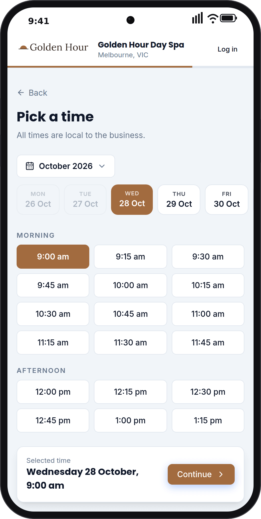 Picking a time on the booking page