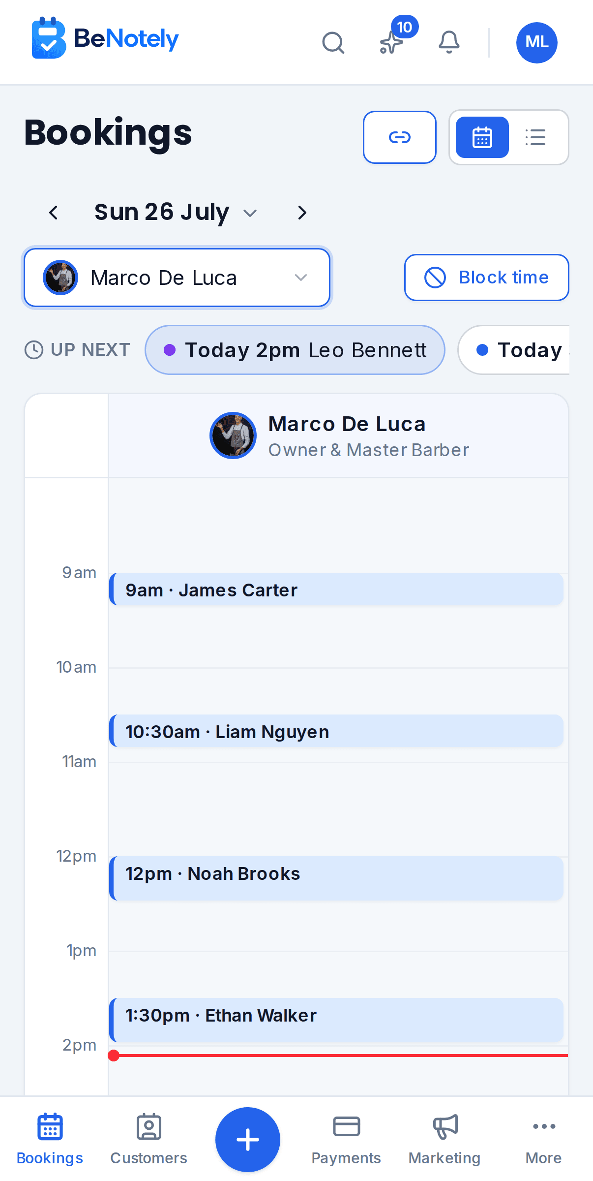 A day of bookings in the BeNotely calendar on a phone